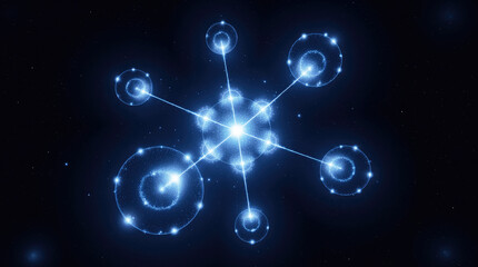 Glowing molecular structure illustration with interconnected nodes and circles, representing scientific concepts of atoms and particles in a cosmic environment