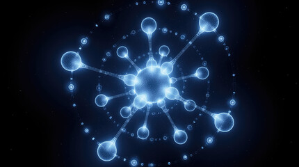Glowing molecular structure illustration with interconnected nodes in cosmic space