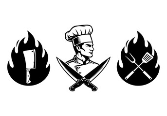 Illustration of a chef with crossed knives and barbecue tools, surrounded by flames, symbolizing culinary expertise and barbecue
