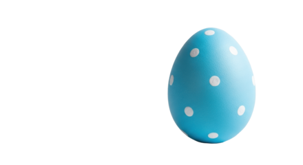 A perfectly crafted light blue egg with crisp white polka dots and matte texture stands upright on a transparent surface with soft shadow and copy space, symbolizing new beginnings and elegant