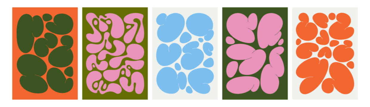 Abstract liquid shapes, modern posters set. Trendy cards, vertical backgrounds with fluid blob forms, smooth amorphous spots, creative natural organic amoeba patterns. Flat vector illustrations