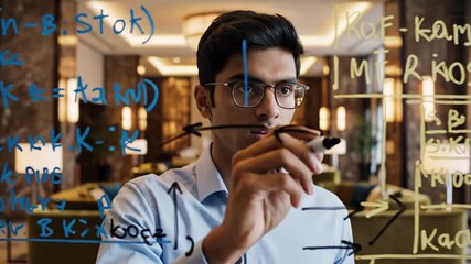 Young Professional Man Analyzing Data and Writing Equations on a Transparent Board - Powered by Adobe