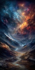 Fototapeta premium Epic fantasy landscape with glowing storm clouds above dramatic mountains and winding river valley perfect for book covers, game backgrounds and digital art 