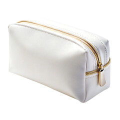 A pristine white cosmetic bag with a gold zipper isolated on transparent background high quality