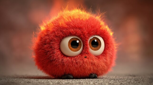 Fluffy red fire creature with big eyes sitting on ground with flames in background perfect for animated characters, fantasy stories and kids illustration
