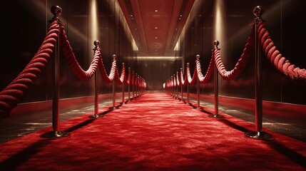 A luxurious red carpet, flanked by elegant rope barriers, leads toward a softly lit, modern interior. It evokes feelings of exclusivity and special events.