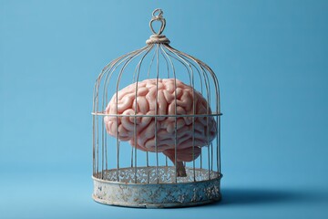A human brain enclosed in a bird cage, artistically displayed against a vibrant blue background