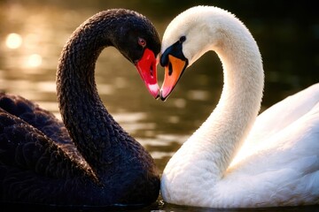Fototapeta premium Two swans are swimming in a pond, one black and one white