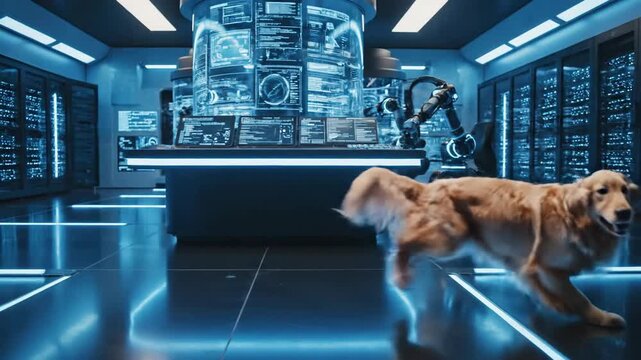 Energetic Golden Retriever dashes through a futuristic, high-tech server room illuminated by glowing blue circuits and a central command console