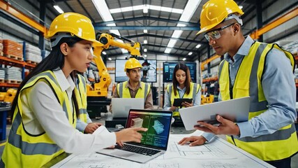 Team of diverse industrial engineers collaborating on a project, using a laptop with 3D models and blueprints in a modern automated factory - Powered by Adobe