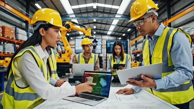 Team of diverse industrial engineers collaborating on a project, using a laptop with 3D models and blueprints in a modern automated factory
