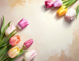 Vibrant tulips frame a soft background, perfect for spring messages. Spring sale poster background with fresh tulips lying diagonally, neutral backdrop.
