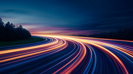 Fototapeta premium Light trails on winding road at dusk create vibrant and dynamic scene 