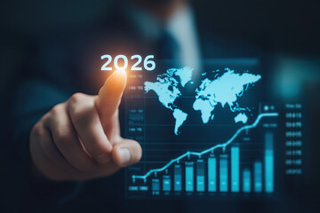 Executive finger touches glowing 2026 over world map and rising charts.