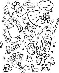 A joyful black-and-white doodle bursting with love symbols &mdash; smiling hearts, teddy bears, roses, and &ldquo;kisses&rdquo; notes. Playful, sweet, and full of charm, this hand-drawn design celebrates romance, joy, 