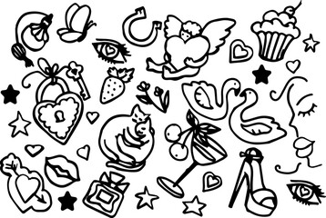 A charming black-and-white doodle filled with love icons &mdash; angels, hearts, cats, and strawberries. Playful and sweet, this hand-drawn design celebrates romance, joy, and affection with whimsical charm