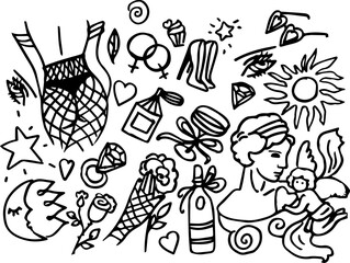 A joyful black-and-white doodle bursting with love symbols &mdash; hearts, angels, balloons, and gifts. Playful, sweet, and full of charm, this hand-drawn design celebrates romance, joy, and affection with 