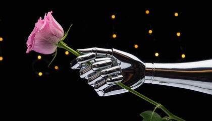 A highly reflective silver robot hand gripping a delicate rosebud