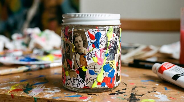 Glass jar decorated with colorful paint and vintage photographs on messy art table
