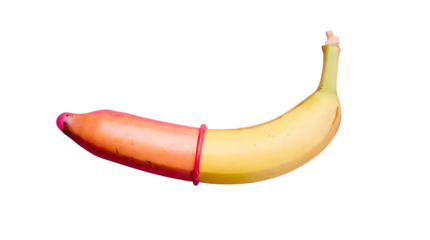 Yellow banana with a pink condom partially rolled over the tip for sexual health education isolated on transparent background