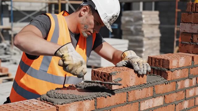 A construction worker lays bricks with mortar. Another worker is in the background. Close up