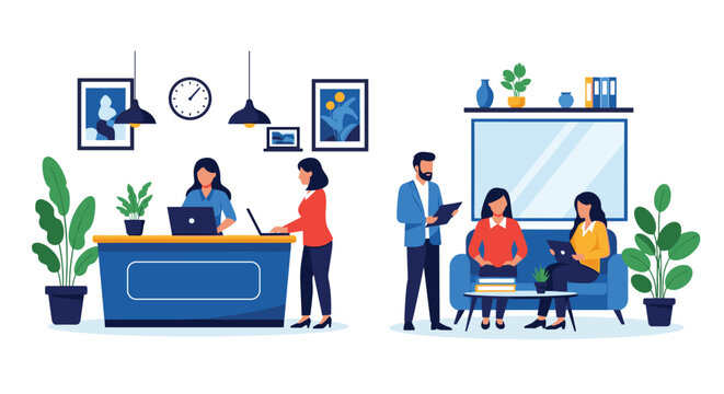 Diverse team of young professionals working on laptops and having discussions in a shared collaborative office space. - Powered by Adobe