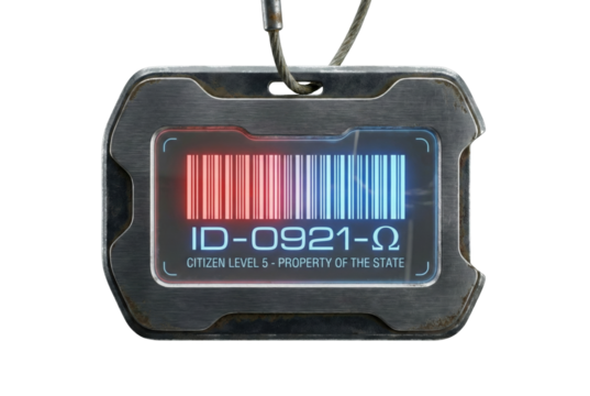 Metal identification badge with digital barcode. Dystopian citizen ID card. - Powered by Adobe