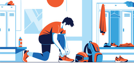 Focused athlete tying his shoelaces in a locker room as he prepares for a training session or competitive sports match.