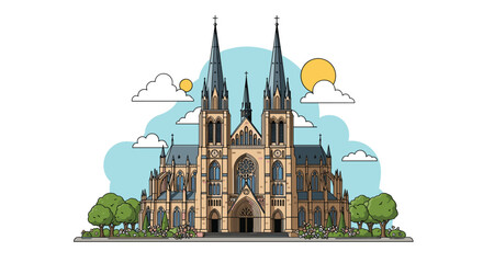 Majestic illustration of a grand Gothic cathedral featuring intricate architectural details and twin spires against a blue sky.