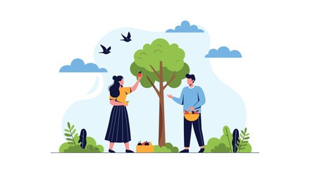 Young couple enjoying a sunny day outdoors while picking fresh red apples from a lush tree in their orchard or garden.