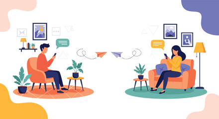 Man and woman in different rooms communicate using mobile phones while paper planes fly between them representing messaging.