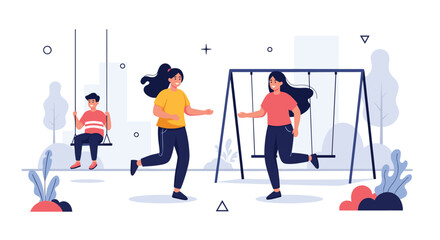 Group of happy children and teenagers playing together on a playground with swings in a sunny city park environment.