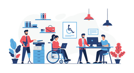 Diverse and inclusive office environment featuring employees with various abilities working together using assistive technology.