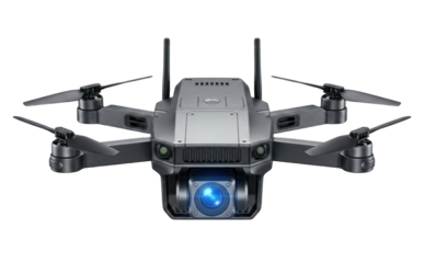 Grey tactical drone with camera. Military quadcopter surveillance.
