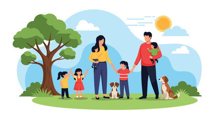 Happy large family with young children and their dogs spending a sunny day together in a beautiful green park area.