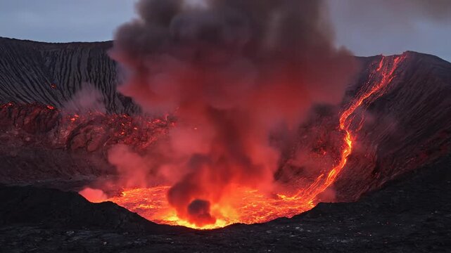 A fiery volcano erupts, displaying molten lava and dense smoke against a twilight sky