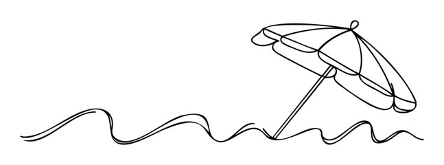 Abstract line artwork featuring a beach umbrella shading gentle waves, suitable for seasonal promotions, casual event invitations, or serene holiday branding.