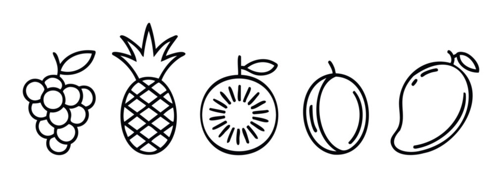 Collection of hand drawn fruit outline icons including grapes pineapple kiwi passion fruit and mango perfect for healthy food branding and nutritional content