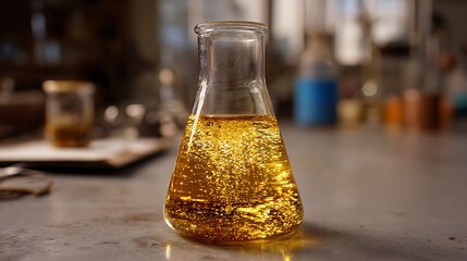 Close-up of a scientific flask filled with yellow liquid, inside a laboratory