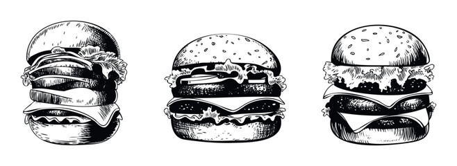 Sketched style hamburgers with multiple layers of fresh ingredients ideal for fast food promotions restaurant menus and culinary blog graphics