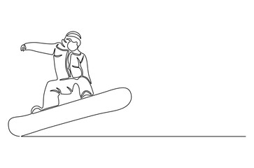 Continuous one line drawing of Skier skiing downhill in high mountains. Single line drawing illustration of Ski walking in the mountains. Ski resort concept vector art. Doodle line illustration.