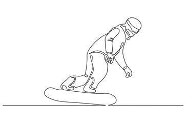 Continuous one line drawing of Skier skiing downhill in high mountains. Single line drawing illustration of Ski walking in the mountains. Ski resort concept vector art. Doodle line illustration.