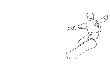 Continuous one line drawing of Skier skiing downhill in high mountains. Single line drawing illustration of Ski walking in the mountains. Ski resort concept vector art. Doodle line illustration.