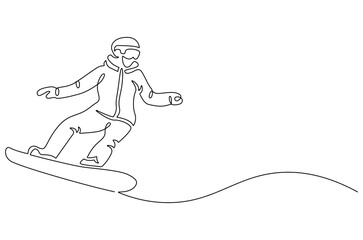 Continuous one line drawing of Skier skiing downhill in high mountains. Single line drawing illustration of Ski walking in the mountains. Ski resort concept vector art. Doodle line illustration.