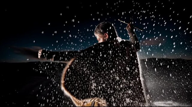 A close-up of a warrior with a sword in motion, splashes of water and snow flying in all directions. An atmospheric video in the style of a historical drama.