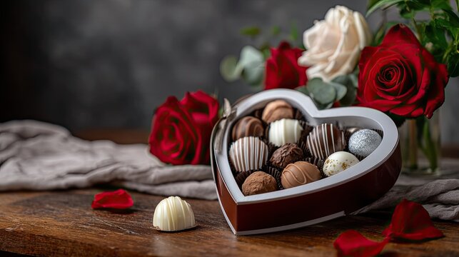 Heart-shaped box of chocolates with truffles and red roses on wooden table in dark setting