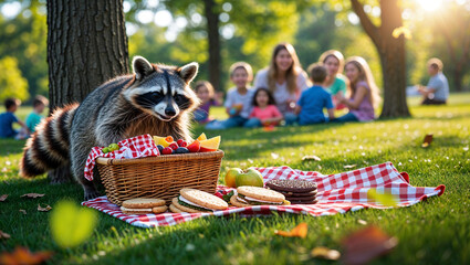 Curious raccoon inspects family picnic basket with fresh fruits and cookies in sunny park surrounded by children and adults enjoying outdoor leisure