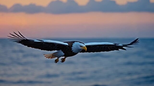 Majestic bald eagle soaring over ocean at sunset with wings spread wide