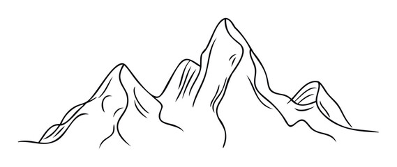 Minimalist line drawing of majestic mountain range peaks perfect for outdoor adventure branding, travel agency logos, or naturethemed graphic design projects and apparel