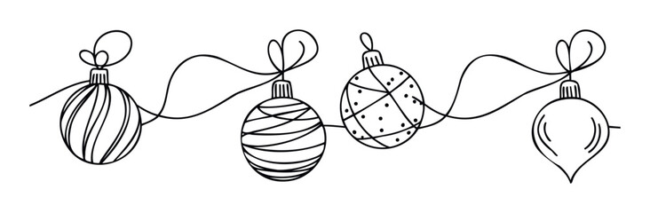 Festive line of handdrawn Christmas ornaments hanging on a string, perfect for holiday greeting graphics, seasonal event invitations, and winter marketing materials.